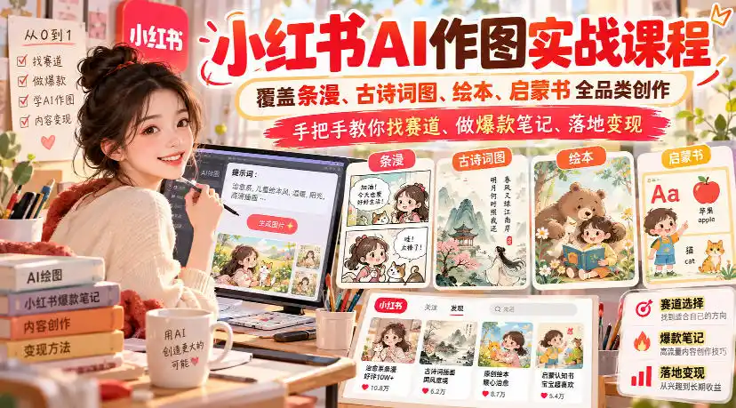 小红书AI作图实战课程，覆盖条漫、古诗词图、绘本、启蒙书全品类创作，手把手教你找赛道、做爆款笔记、落地变现(更新1009)-小创项目网
