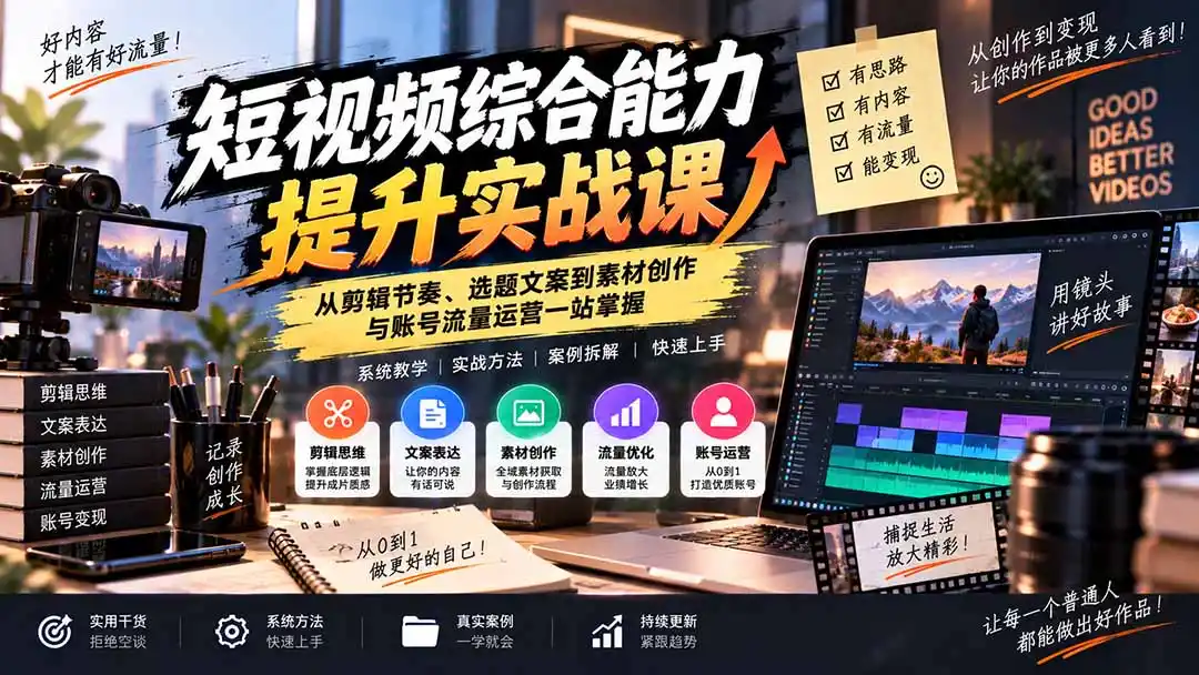 短视频综合能力提升实战课：从剪辑节奏、选题文案到素材创作与账号流量运营一站掌握-小创项目网