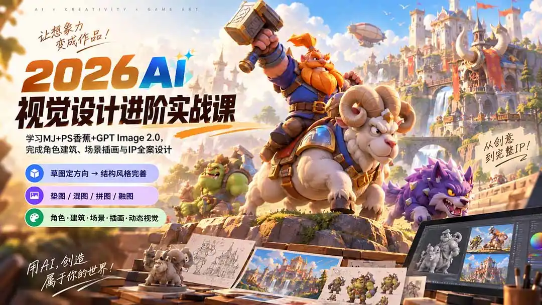 2026AI视觉设计进阶实战课-更新1007：学习MJ+PS香蕉+GPT Image 2.0，完成角色建筑、场景插画与IP全案设计-小创项目网