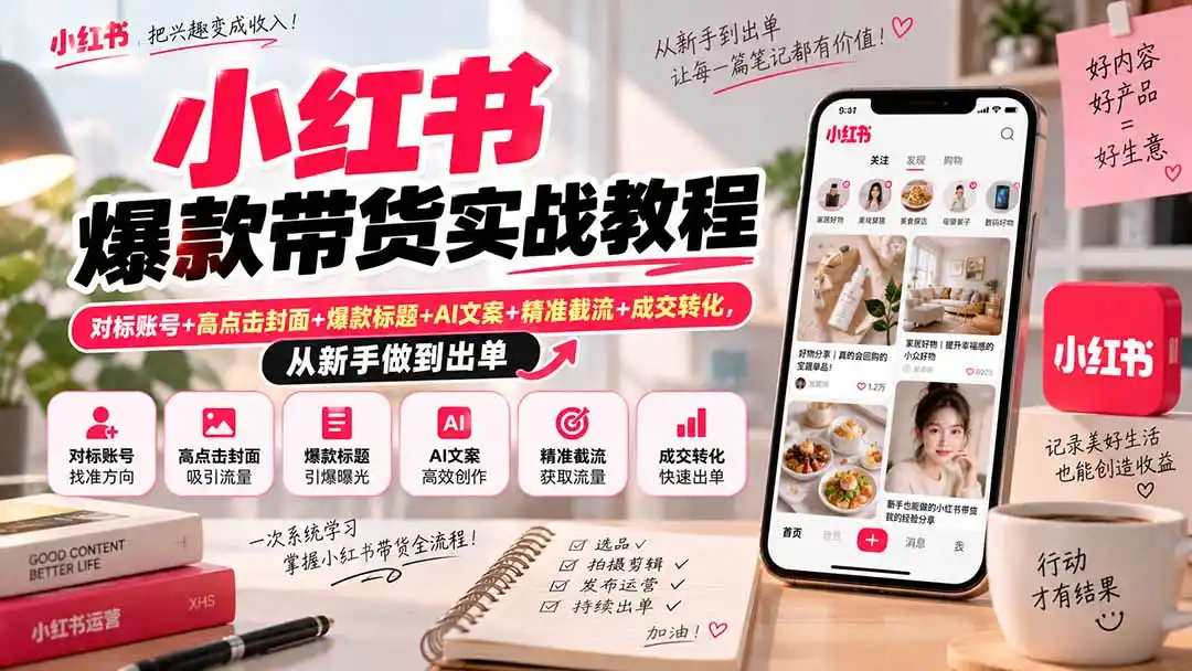 小红书爆款带货实战教程｜对标账号+高点击封面+爆款标题+AI文案+精准截流+成交转化，从新手做到出单-小创项目网