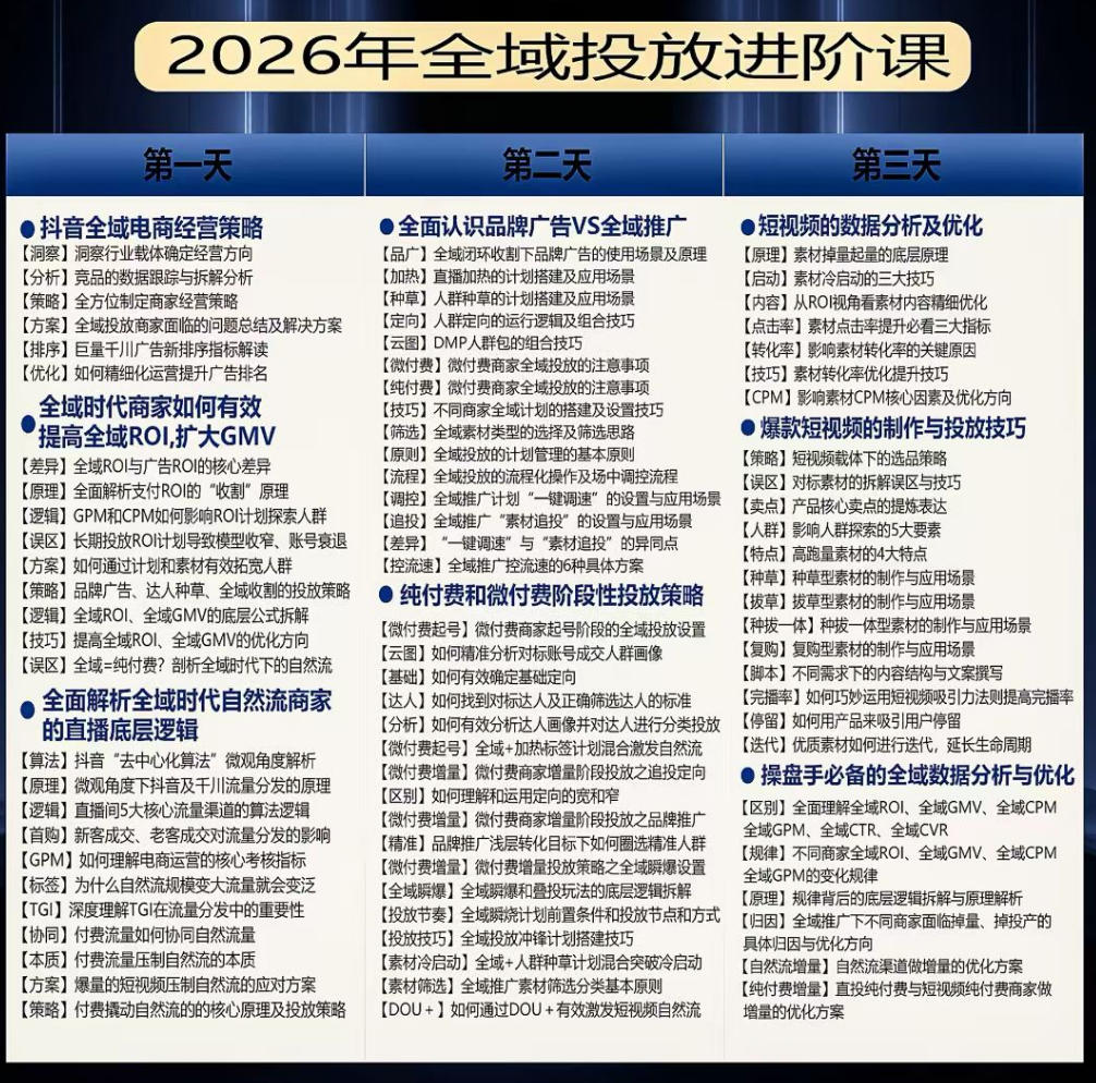 千川扫地僧2026抖音全域投放进阶课，少走弯路·快速起量·掌控增长，6月12-14号杭州线下课-小创项目网