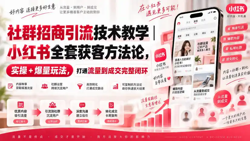 社群招商引流技术教学｜小红书全套获客方法论，实操+爆量玩法，打通流量到成交完整闭环-小创项目网