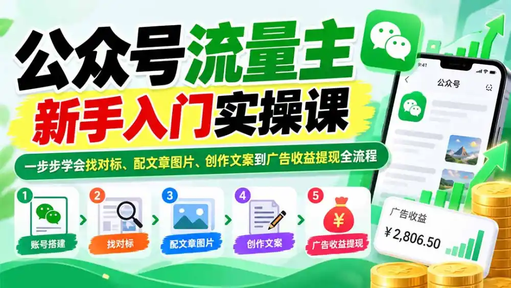 公众号流量主新手入门实操课：一步步学会找对标、配文章图片、创作文案到广告收益提现全流程-小创项目网