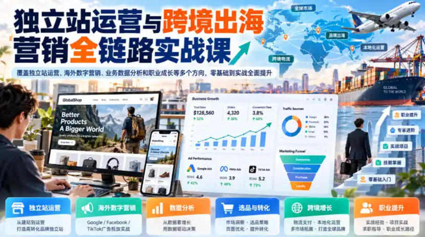 独立站运营与跨境出海营销全链路实战课，覆盖独立站运营、海外数字营销、业务数据分析和职业成长等多个方向，零基础到实战全面提升-小创项目网