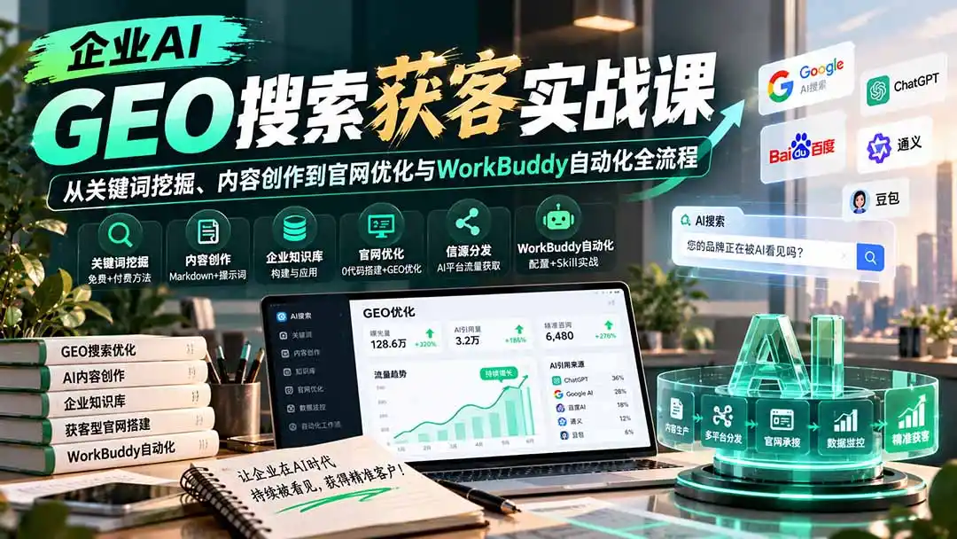 企业AI GEO搜索获客实战课:从关键词挖掘、内容创作到官网优化与WorkBuddy自动化全流程-小创项目网