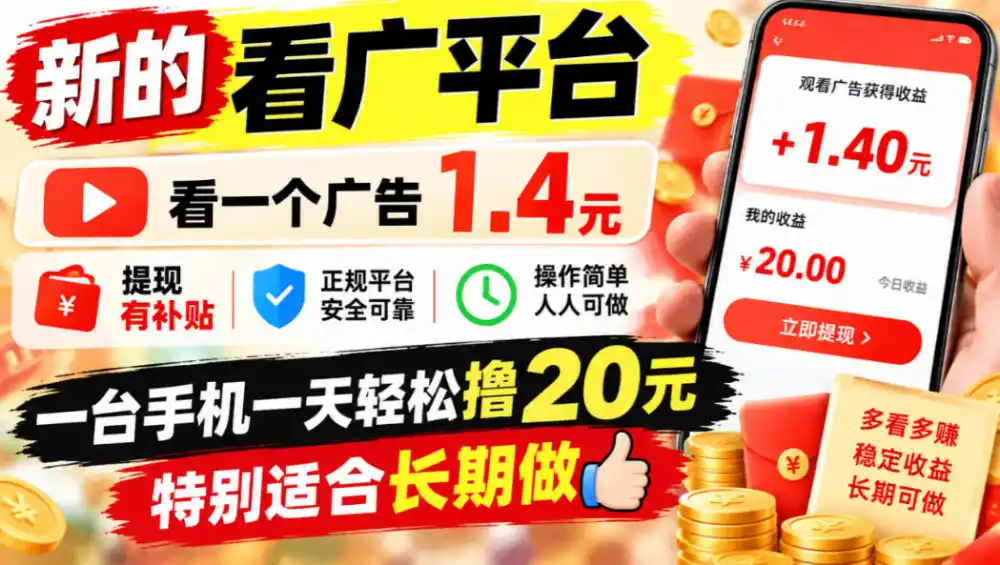 一个新的看广平台，看一个广告1.4元，提现有补贴,一台手机一天轻松撸20+，特别适合长期做【揭秘】-小创项目网
