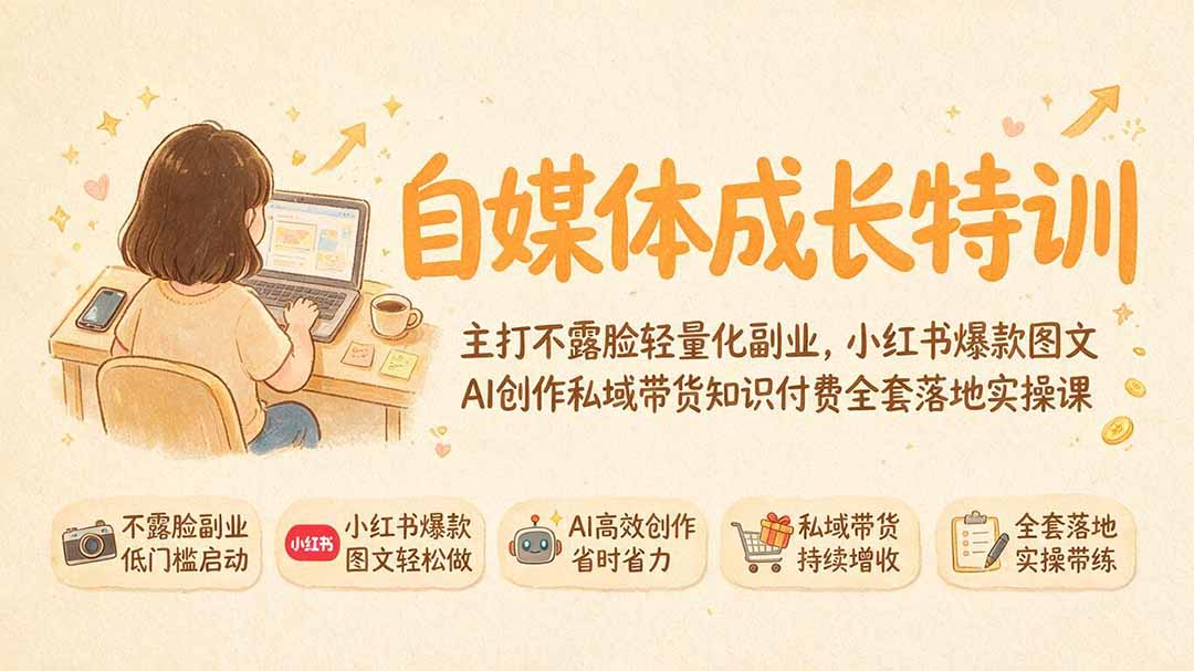 自媒体成长特训｜主打不露脸轻量化副业，小红书爆款图文AI创作私域带货知识付费全套落地实操课-小创项目网