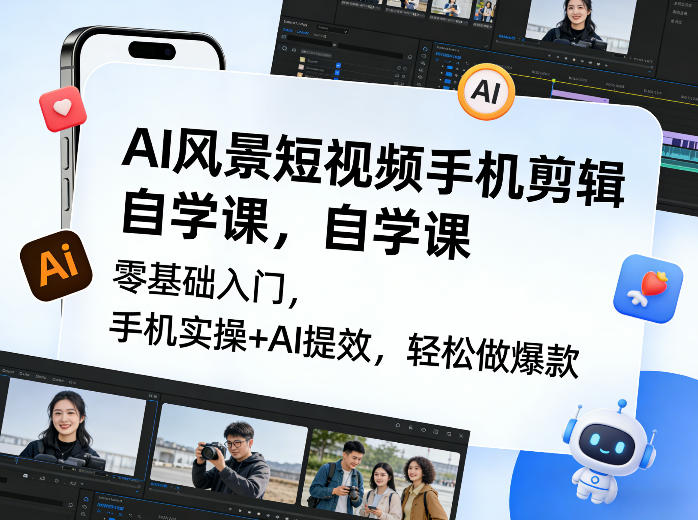 AI风景短视频手机剪辑自学课，零基础入门，手机实操+AI提效，轻松做爆款-小创项目网
