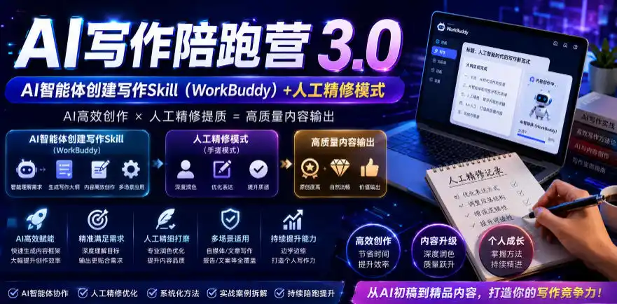 AI写作陪跑营3.0，Ai智能体创建写作skill(workbuddy)+人工手写模式(手搓模式)，去除AI痕迹(头条号、公众号、百家号)(更新0907)-小创项目网