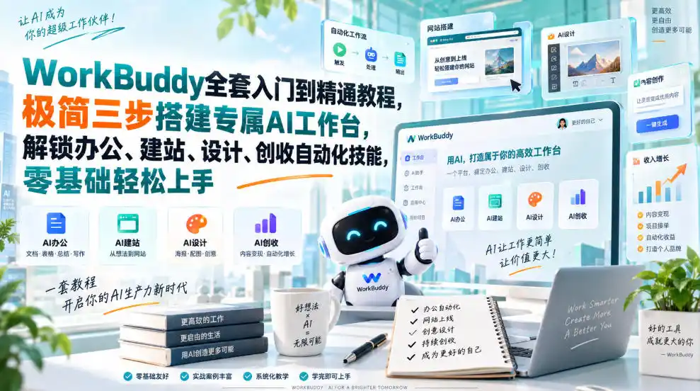 WorkBuddy全套入门到精通教程，极简三步搭建专属AI工作台，解锁办公、建站、设计、创收自动化技能，零基础轻松上手-小创项目网