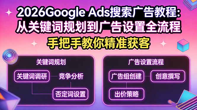 2026Google Ads搜索广告教程：从关键词规划到广告设置全流程，手把手教你精准获客-小创项目网
