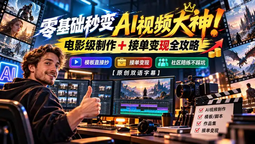 零基础秒变AI视频大神！电影级制作 + 接单变现全攻略，模板直接抄，社区陪练不踩坑【原创双语字幕】-小创项目网
