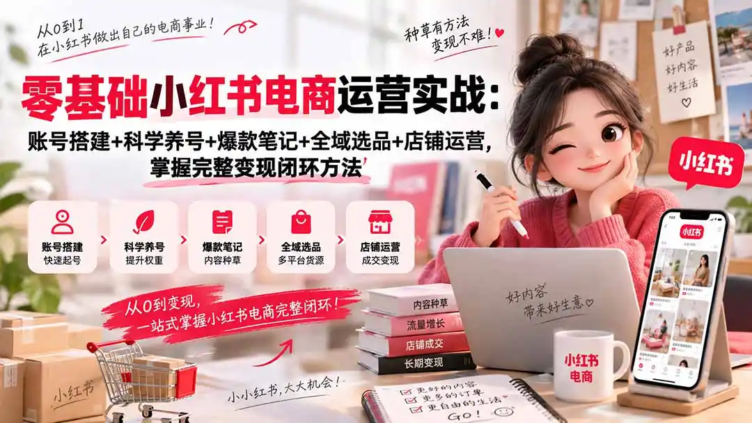 零基础小红书电商运营实战：账号搭建+科学养号+爆款笔记+全域选品+店铺运营，掌握完整变现闭环方法-小创项目网