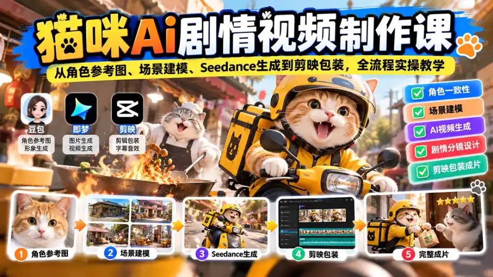 猫咪AI剧情视频制作课：从角色参考图、场景建模、Seedance生成到剪映包装，全流程实操教学-小创项目网