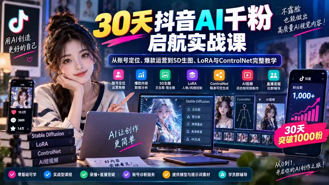 30天抖音AI千粉启航实战课：从账号定位、爆款运营到SD生图、LoRA与ControlNet完整教学-小创项目网
