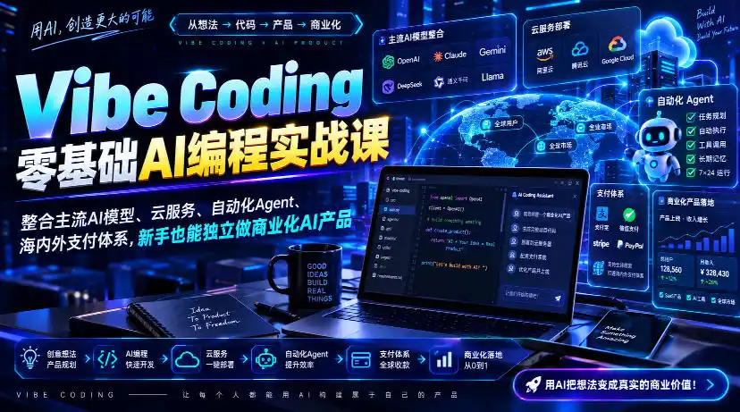 Vibe Coding零基础AI编程实战课-无水印，整合主流AI模型、云服务、自动化Agent、海内外支付体系，新手也能独立做商业化AI产品-小创项目网