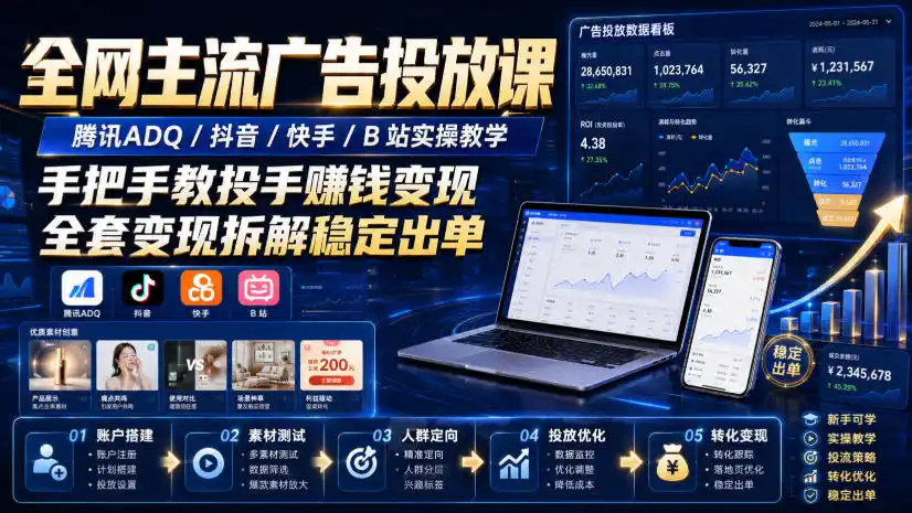 全网主流广告投放课，腾讯ADQ / 抖音 / 快手 / B 站实操教学，手把手教投手赚钱变现，全套变现拆解稳定出单-小创项目网