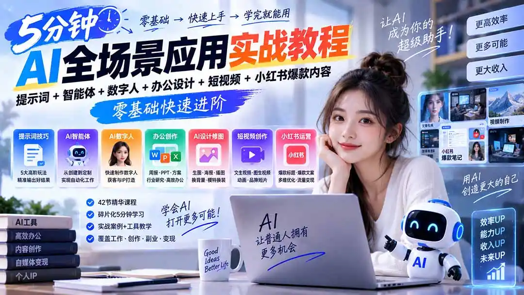 AI全场景应用实战教程｜提示词+智能体+数字人+办公设计+短视频+小红书爆款内容，零基础快速进阶-小创项目网