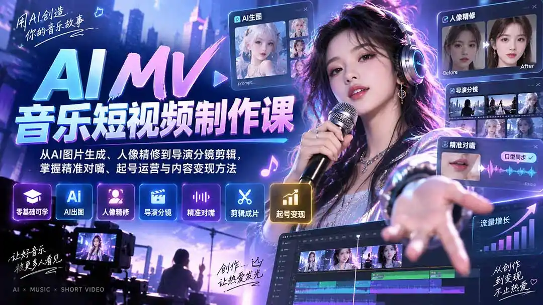 AI MV音乐短视频制作课：从AI图片生成、人像精修到导演分镜剪辑，掌握精准对嘴、起号运营与内容变现方法-小创项目网