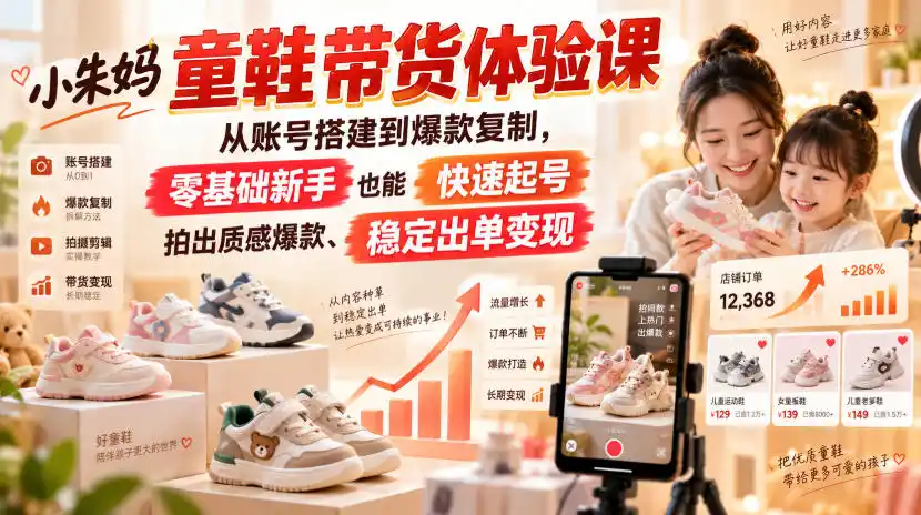 小朱妈童鞋带货体验课，从账号搭建到爆款复制，零基础新手也能快速起号、拍出质感爆款、稳定出单变现-小创项目网