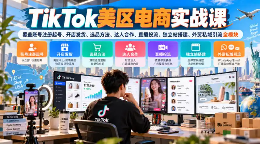 TikTok美区电商实战课，覆盖账号注册起号、开店发货、选品方法、达人合作、直播投流、独立站搭建、外贸私域引流全模块-小创项目网