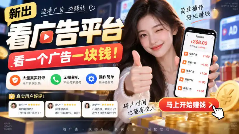 新出看广告平台，看一个广告一块钱，大量真实好评！无需养机、不会黑号，操作简单【揭秘】-小创项目网