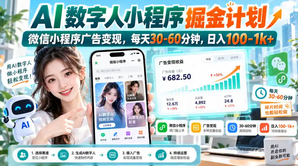 【无水印】AI数字人小程序掘金计划，微信小程序广告变现，每天30‑60分钟，日入100‑1k+-小创项目网