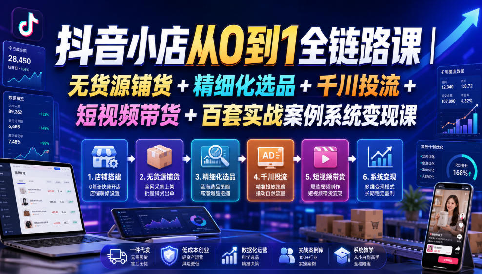 抖音小店从0到1全链路课｜无货源铺货+精细化选品+千川投流+短视频带货+百套实战案例系统变现课(2026年7月更新)-小创项目网