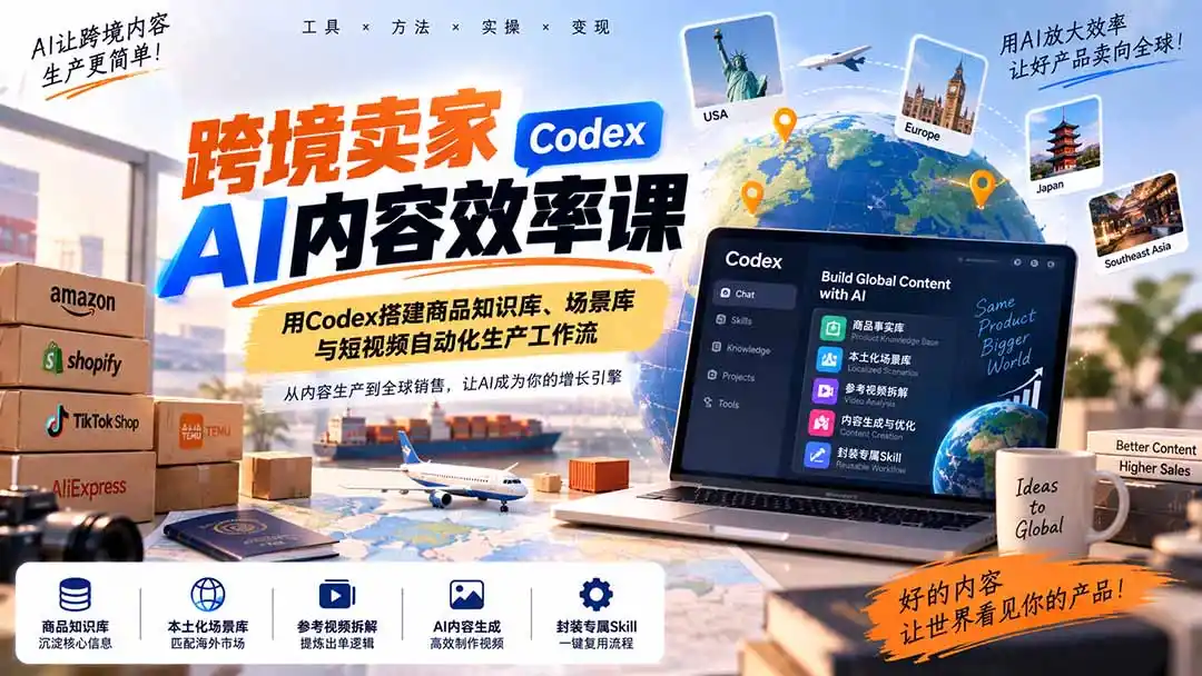 跨境卖家AI内容效率课：用Codex搭建商品知识库、场景库与短视频自动化生产工作流-小创项目网