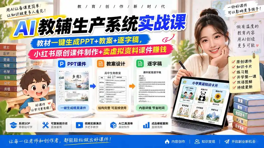 AI教辅生产系统实战课-更新0926｜教材一键生成PPT+教案+逐字稿，小红书原创课件制作+卖虚拟资料课件赚钱-小创项目网