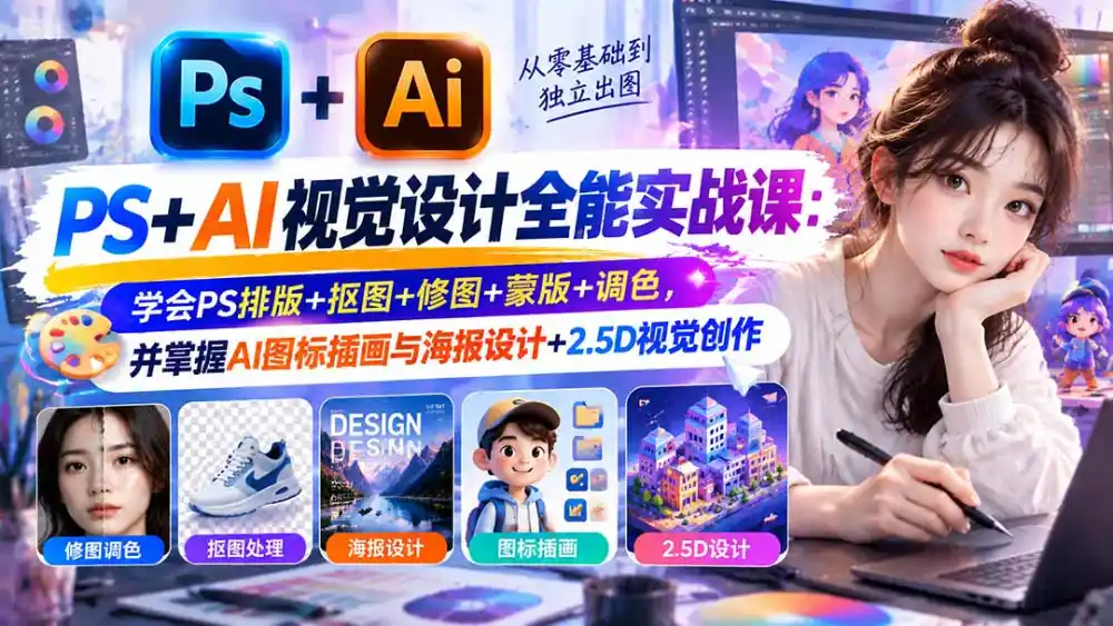 【无水印】PS+AI视觉设计全能实战课：学会PS排版+抠图+修图+蒙版+调色，并掌握AI图标插画与海报设计+2.5D视觉创作-小创项目网