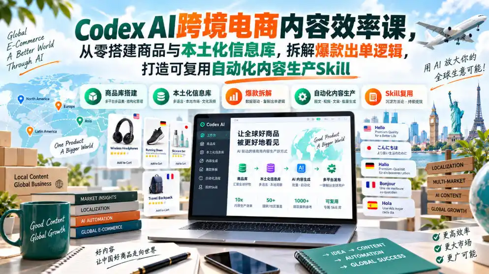 Codex AI跨境电商内容效率课，从零搭建商品与本土化信息库，拆解爆款出单逻辑，打造可复用自动化内容生产Skill-小创项目网