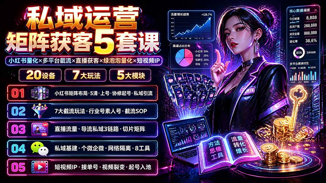 私域运营矩阵获客5套课：小红书量化×多平台截流×直播获客×绿泡泡量化×短视频IP×20设备×7大玩法-小创项目网
