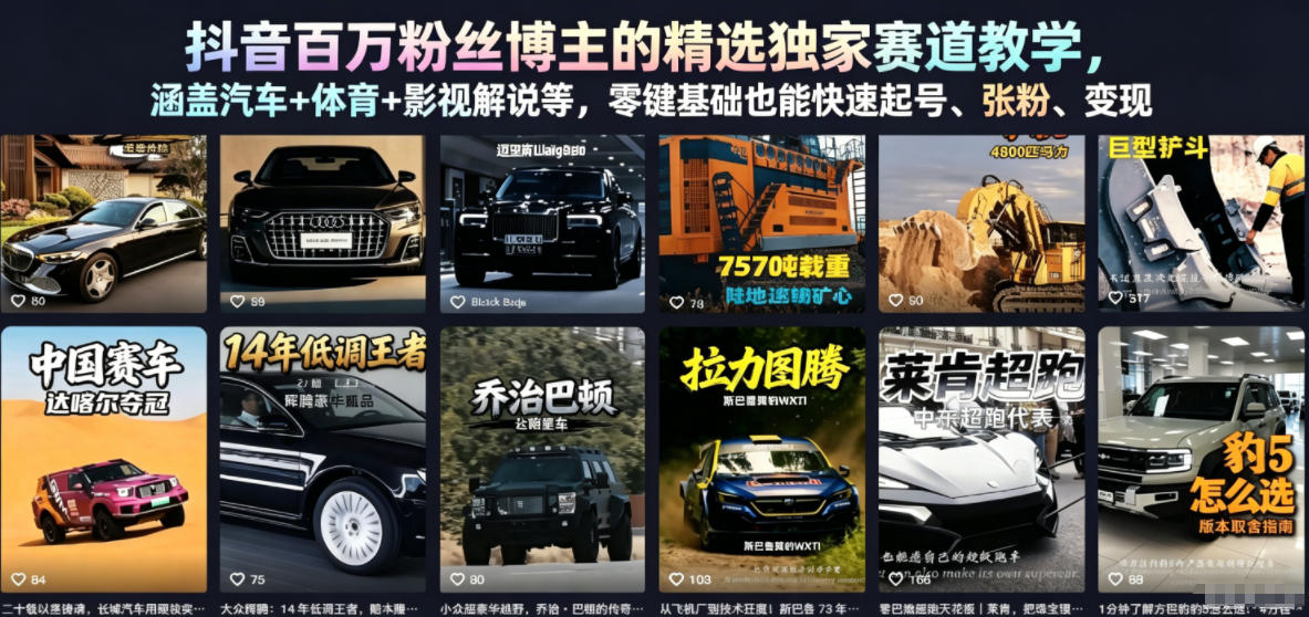 抖音百万粉丝博主的精选独家赛道教学，涵盖汽车+体育+影视解说等，零基础也能快速起号、涨粉、变现-小创项目网