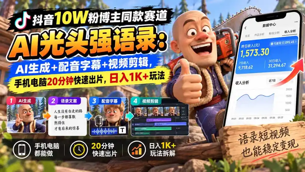 【无水印】抖音10W粉博主同款赛道AI光头强语录：AI生成+配音字幕+视频剪辑，手机电脑20分钟快速出片，日入1K+玩法-小创项目网