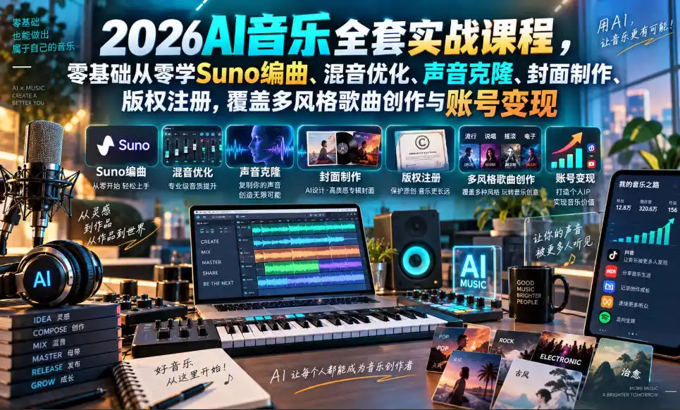 2026AI音乐实战课程，零基础从零学Suno编曲、混音优化、声音克隆、版权注册，覆盖多风格歌曲创作与账号变现-小创项目网