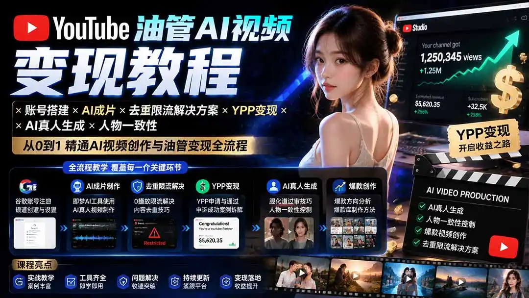 YouTube油管AI视频变现教程-更新0926：账号搭建×AI成片×去重限流解决方案×YPP变现×AI真人生成×人物一致性-小创项目网