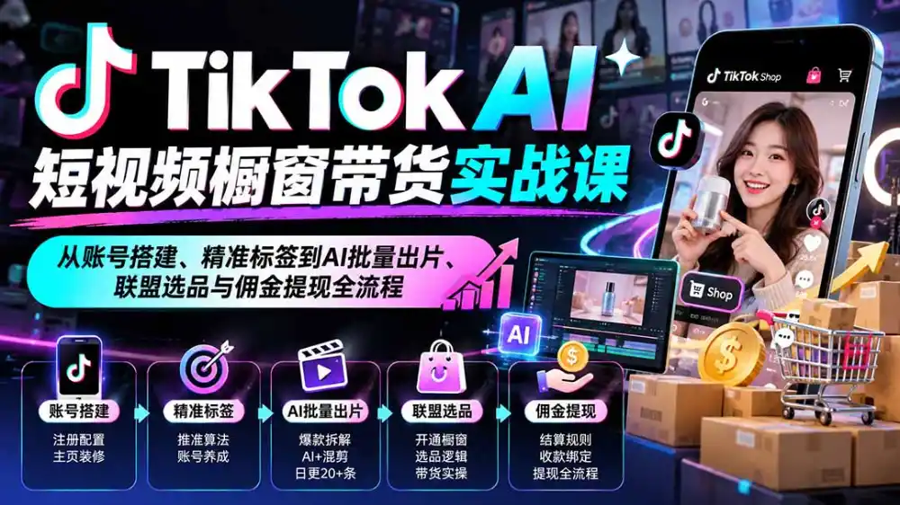 TikTok AI短视频橱窗带货实战课：从账号搭建、精准标签到AI批量出片、联盟选品与佣金提现全流程-小创项目网
