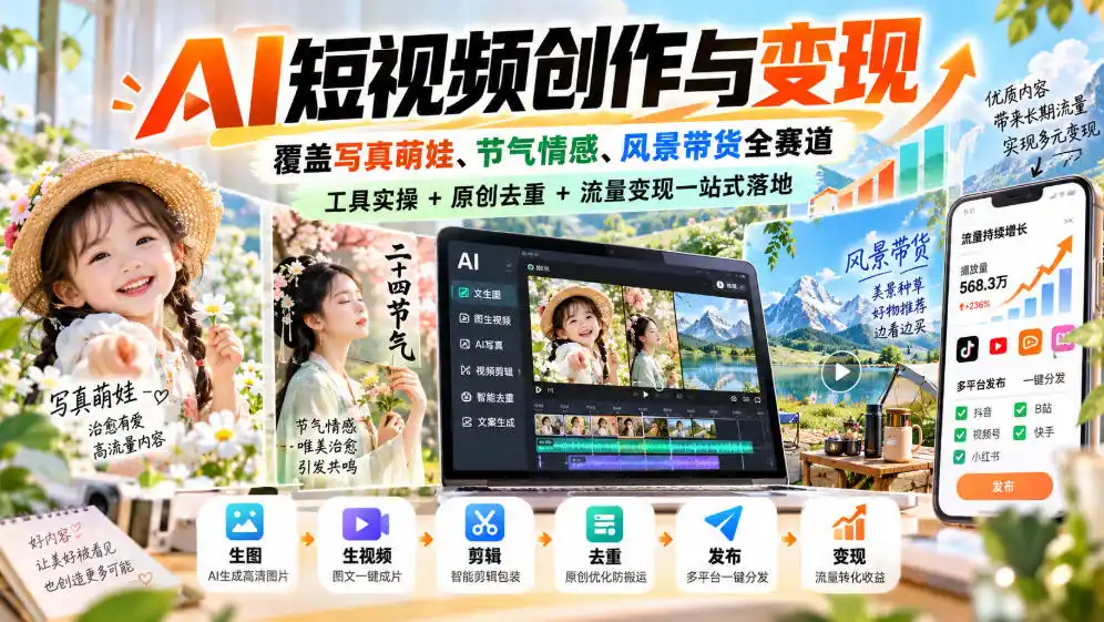 AI短视频创作与变现，覆盖写真萌娃、节气情感、风景带货全赛道，工具实操+原创去重+流量变现一站式落地-小创项目网