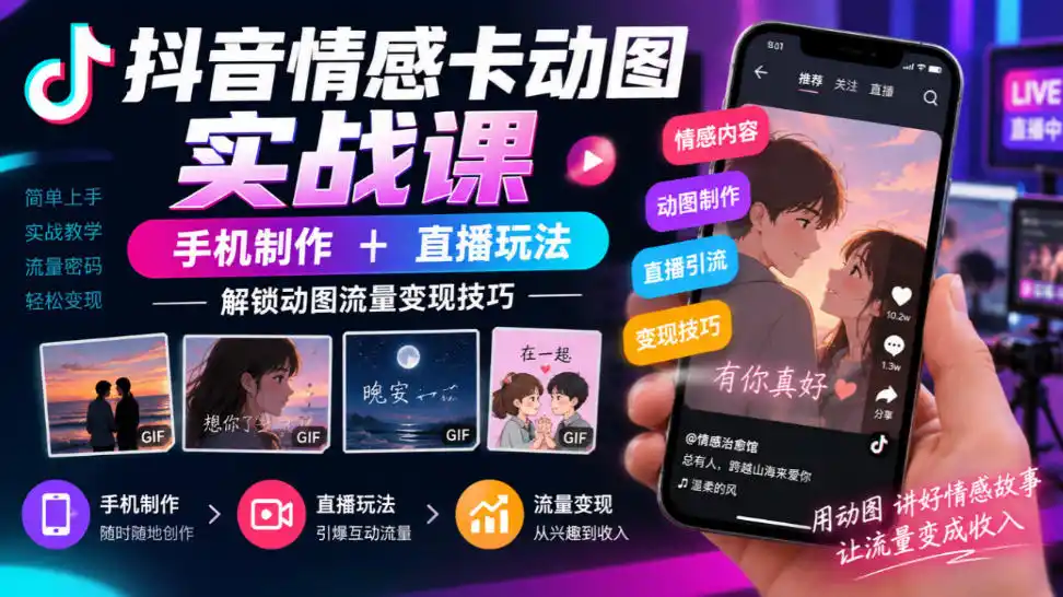 抖音情感卡动图实战课｜手机制作+直播玩法，解锁动图流量变现技巧-小创项目网
