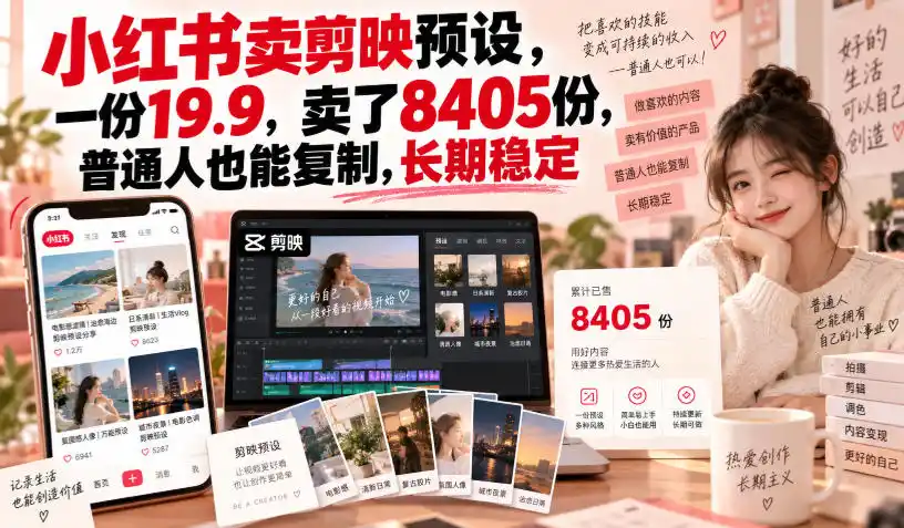 小红书卖剪映预设，一份19.9，卖了8405份，普通人也能复制，长期稳定-小创项目网