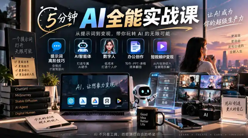 5分钟AI全能实战课｜提示词高阶技巧+AI智能体+数字人+办公创作+短视频IP变现全教程-小创项目网