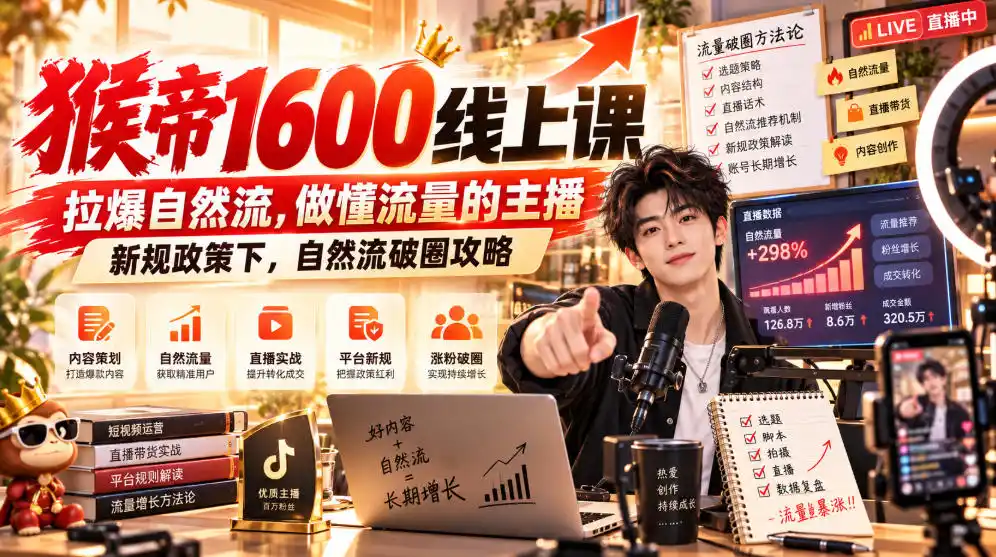 猴帝1600线上课，拉爆自然流，做懂流量的主播，新规政策下，自然流破圈攻略【更新261002】-小创项目网