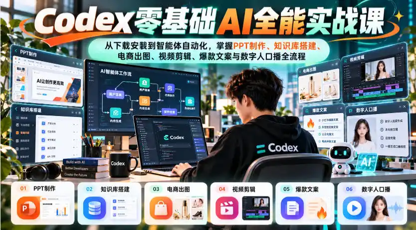 Codex零基础AI全能实战课：从下载安装到智能体自动化，掌握知识库搭建、电商出图、视频剪辑、爆款文案与数字人口播全流程-小创项目网