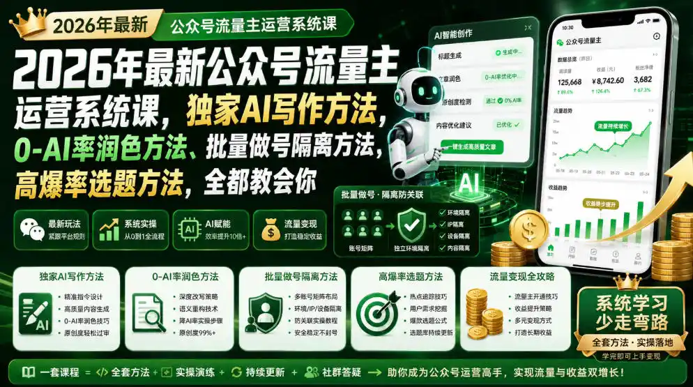 2026年最新公众号流量主运营系统课，独家AI写作方法，0-AI率润色方法、批量做号隔离方法、高爆率选题方法，全都教会你(更新1009)-小创项目网