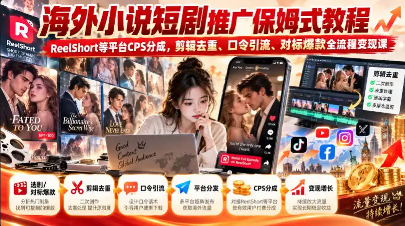 海外小说短剧推广保姆式教程｜ReelShort等平台CPS分成，剪辑去重、口令引流、对标爆款全流程变现课-小创项目网