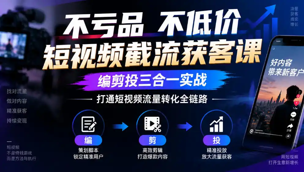 不亏品不低价短视频截流获客课，编剪投三合一实战，打通短视频流量转化全链路-小创项目网