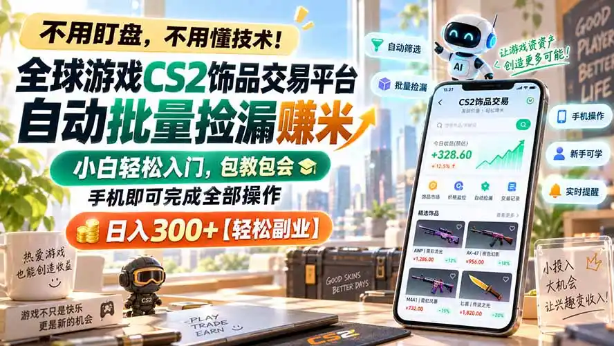全球游戏CS2饰品交易平台自动批量捡漏赚米，小白轻松入门，包教包会，手机即可完成全部操作，日入300+【轻松副业】-小创项目网
