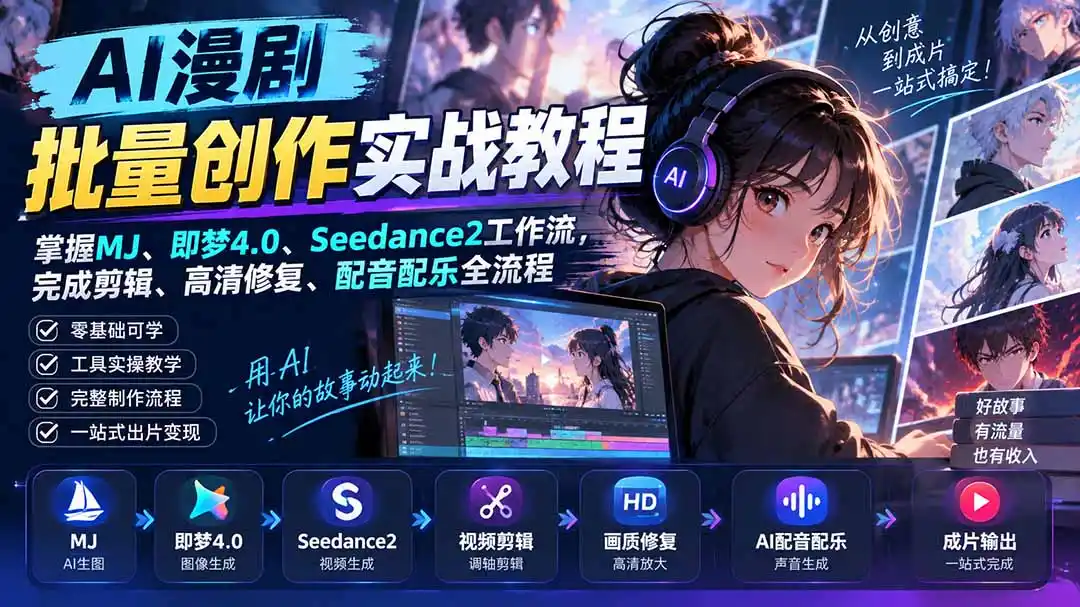 AI漫剧批量创作实战教程：掌握MJ、即梦4.0、Seedance2工作流，完成剪辑、高清修复、配音配乐全流程-小创项目网