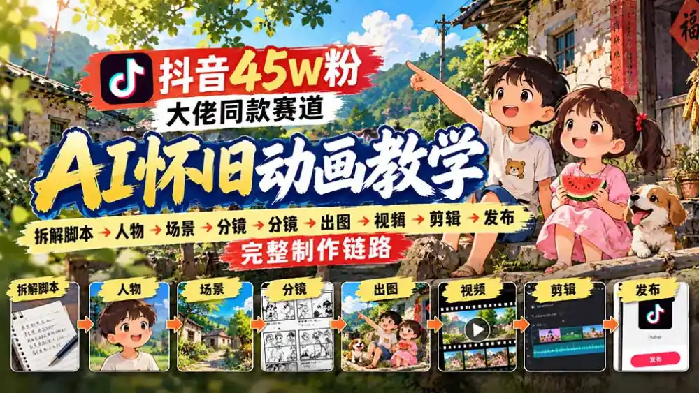 抖音45W粉大佬同款赛道AI怀旧动画教学：拆解脚本→人物→场景→分镜→出图→视频→剪辑→发布完整制作链路-小创项目网